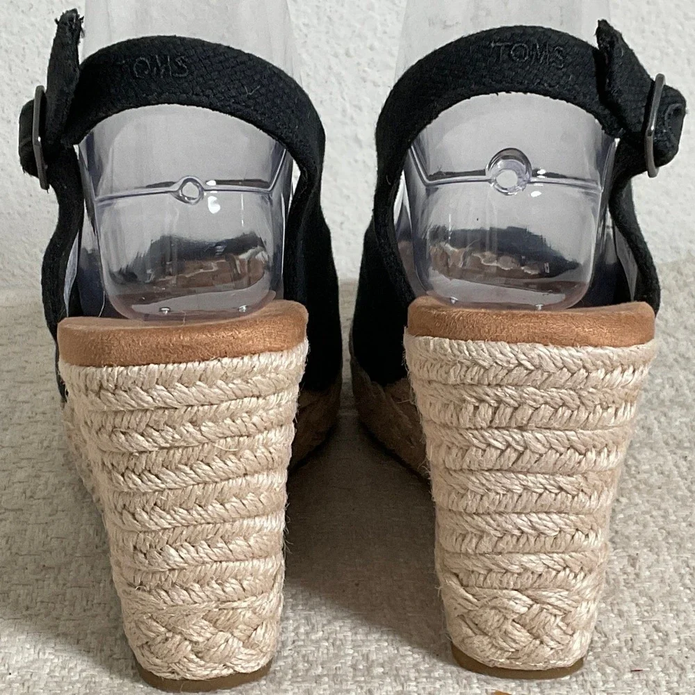 TOMS Black Canvas Peep Toe Espadrille Wedge Slingback Sandals 10022387 Womens 8 - Picture 2 of 14